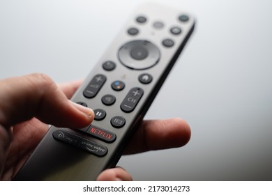 Kuala Lumpur - June 26th 2022 : A premium minimalist SONY Android TV remote commander with Google Voice (OK Google) function and quick access button to Netflix, Disney+ and Prime Video button - Shutterstock ID 2173014273