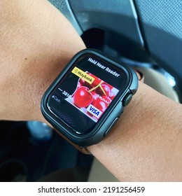 Kuala Lumpur, Malaysia - 12 August,2022: Wallet And Apple Pay In Apple Watch With Maybank Card Link For Auto Pay Credit Card, Out Of Focus, Noise And Grain Effects, Selective Focus.