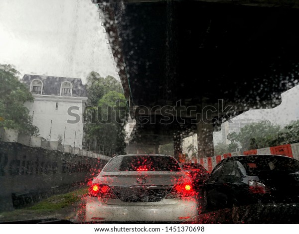 Kuala Lumpur, Malaysia - 15 July 2019;\
View of heavy rain in the city this\
evening.\
\
