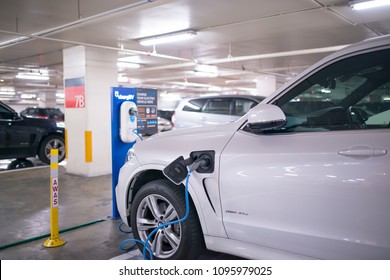 Kuala Lumpur, Malaysia, 21 May 2018 :  Hager Electric Vehicle Charging Station For Residential And Commercial Buildings. For All Types Of Cars At Car Parking