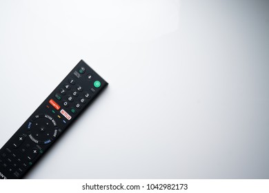 Kuala Lumpur Malaysia - 8th March, 2018. A Smart TV Remote Commander With Smart TV Assistant Function Like Google Voice, Google Play & Netflix On White Isolated Background.