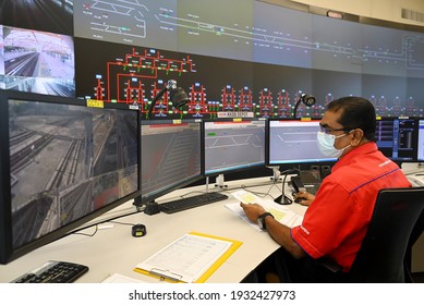 Kuala Lumpur, Malaysia : 9 March 2021 : The officer monitoring of Light Rail Transit (LRT) traffic, operated by Prasarana or service brand of RapidKL. 