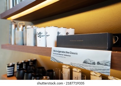 KUALA LUMPUR, MALAYSIA - APR 23, 2022: Starbucks Reserve Collection Merchandise Display In Store.