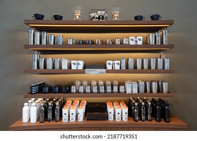 KUALA LUMPUR, MALAYSIA - APR 23, 2022: Starbucks Reserve Merchandise Display In Store. Starbucks Thermos, Starbucks Stanley Flask And Signature Mug. 