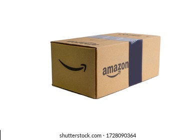 Kuala Lumpur, Malaysia - April 1, 2020 : Amazon Prime box or Amazon shipping box on white background. Crop fragment, business concept