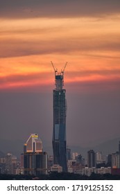 Kuala Lumpur, Malaysia - April 12 2020: Sunset View Of Kuala Lumpur New Icon Tower PNB118 Under Construction At Stadium Merdeka Area And Old Kuala Lumpur Jail Jalan Pudu