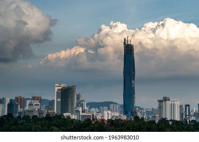 Kuala Lumpur, Malaysia - April 12 2020: Majestic View Of Kuala Lumpur New Icon Tower PNB118 Under Construction At Stadium Merdeka Area During Cloudy Day.