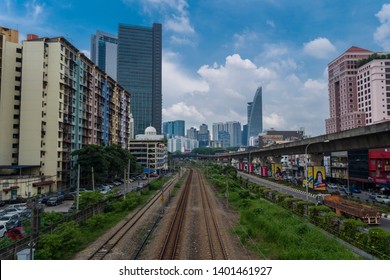 Kuala Lumpur, Malaysia - April 12th, 2019 : City Of Bangsar Landmark, Train KTM Railway, Overlooking Famous Menara TM Or TM Tower With Dramatic Blue Sky.