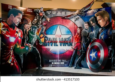 KUALA LUMPUR, MALAYSIA - APRIL, 2016 : A wall sized Captain America poster displayed during a roadshow in Mid Valley taken on 30 April 2016. Captain America: Civil War premieres is on 28th April 2016.