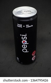 Kuala Lumpur, Malaysia - April 2019. A Can Of Pepsi Black Against Isolated Black Background, A Zero Calories Carbonated Drink, Healthier Choice