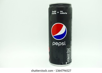 Kuala Lumpur, Malaysia - April 2019. A Can Of Pepsi Black Against Isolated White Background, A Zero Calories Carbonated Drink, Healthier Choice