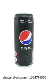 Kuala Lumpur, Malaysia - April 2019. A Can Of Pepsi Black Against Isolated White Background, A Zero Calories Carbonated Drink, Healthier Choice