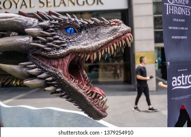 Kuala Lumpur, Malaysia - APRIL, 2019 : A life sized model of the dragon, Viserion, from popular TV show Game of Thrones, on display at the main entrance of Pavilion KL taken on 20th April 2019