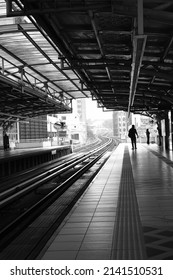 Kuala Lumpur, Malaysia, April 2022  : LRT Railway Station In Black And White Photo