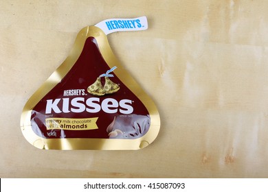 KUALA LUMPUR, MALAYSIA - APRIL 24TH 2016. First introduced in 1905, Hershey's Kisses is a brand of chocolate manufactured by The Hershey Company. Space for text. View top.