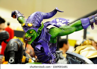 KUALA LUMPUR, MALAYSIA -APRIL 7, 2018: Selected Focused Of Marvel Comic Action Figure Called Green Goblin. Super Villain Against Spider-man.  Action Figures Displayed By Collector. 