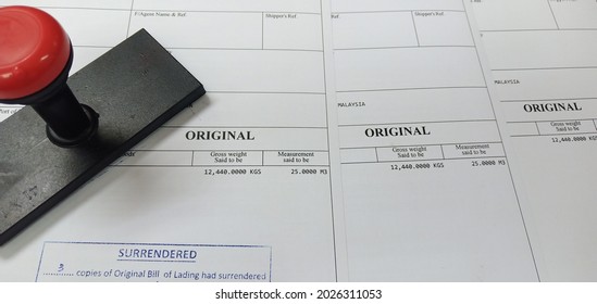 Kuala Lumpur, Malaysia - August 16th 2021 : Original Bill of Lading or BL is a document issued by a carrier (or their agent) to acknowledge receipt of cargo for shipment. Image with stamp chop