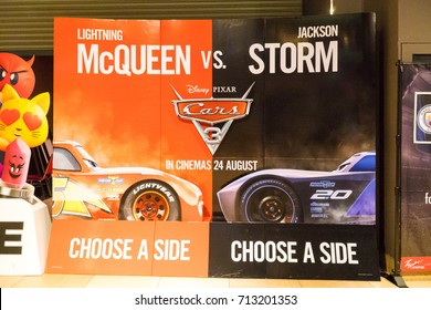 KUALA LUMPUR, MALAYSIA - AUGUST 20, 2017: Cars 3 poster displayed at Putrajaya Mall. Cars 3 is a American 3D computer-animated comedy-drama film produced by Pixar and released by Walt Disney Pictures