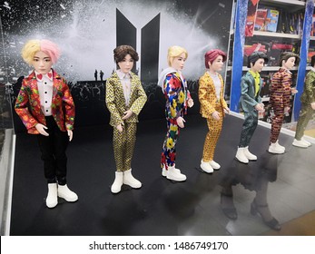 Kuala Lumpur , Malaysia - August 2019 : BTS Boy Band toy character display at Toys R Us store. BTS, also known as the Bangtan Boys, is a seven-member South Korean boy band formed in Seoul in 2013.