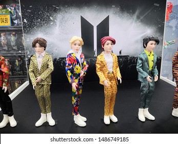 Kuala Lumpur , Malaysia - August 2019 : BTS Boy Band toy character display at Toys R Us store. BTS, also known as the Bangtan Boys, is a seven-member South Korean boy band formed in Seoul in 2013.