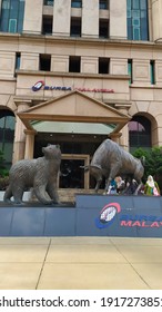 Kuala Lumpur, Malaysia - August, 2019: The Bronze Bear And Bull Statue At 