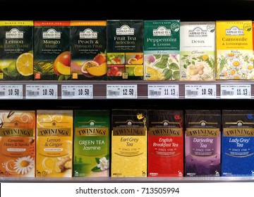 KUALA LUMPUR, MALAYSIA - AUGUST 26, 2017: Various Brand Of Premium Tea On Store Shelf. 