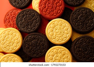 Kuala Lumpur / Malaysia - August 6,2020: New Limited Edition Golden Oreo, Red Velvet and Classic Chocolate Oreo sell at the market.