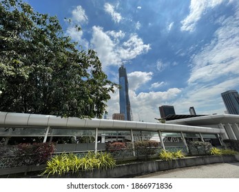 Kuala Lumpur, Malaysia - December 02, 2020: The iconic landmark and soon second tallest building in the world, the merdeka 118 tower under construction. The skyscraper under blue sky 