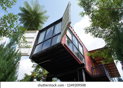 KUALA LUMPUR, MALAYSIA -DECEMBER 03, 2018: Residential House Made From Refurbish Shipping Container. Surrounded With Beautiful Landscape. 