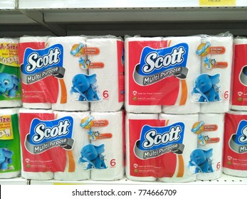 Kuala Lumpur , Malaysia - December 2017 : Package Of Scott Rolling Paper Tissue On The Supermarket Shelf.