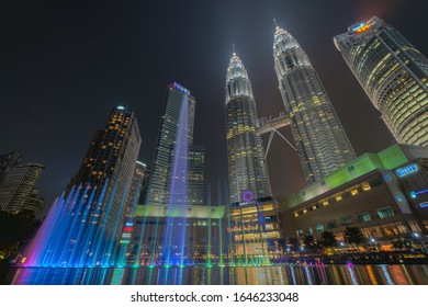 Kuala Lumpur, Malaysia - December 2019: Fountain show in front of KLCC at night