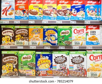 KUALA LUMPUR, MALAYSIA - DECEMBER 22, 2017: Boxes Of Breakfast Cereals, From The Nestle And Kellogg's Brands,  Are Displayed In A Supermarket Shelf In Malaysia