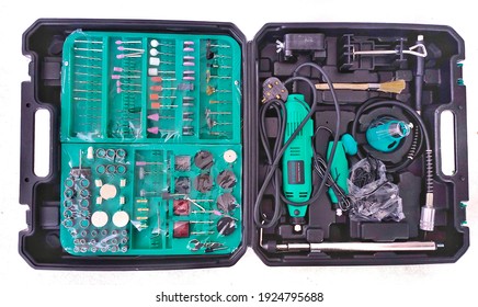 Kuala Lumpur, Malaysia Feb 2021: Die Grinder Set With Extras Tools In Black Case Isolated On White Background.