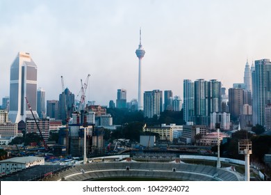 KUALA LUMPUR, MALAYSIA - FEBRUARY 10, 2018 : Beautiful Morning Shot Of Kuala Lumpur Skyline Showing KL Towers, Maybank Building,  Petronas Twin Tower And Stadium Merdeka. 