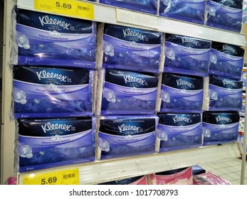 Kuala Lumpur , Malaysia - February 2018: Kleenex Brand Tissue Paper On The Supermarket Shelf .

