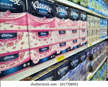 Kuala Lumpur , Malaysia - February 2018: Kleenex Brand Tissue Paper On The Supermarket Shelf .  