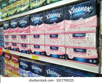 Kuala Lumpur , Malaysia - February 2018: Kleenex Brand Tissue Paper On The Supermarket Shelf .  