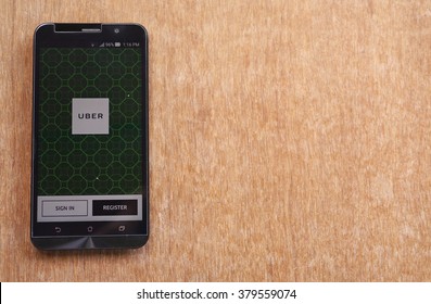 KUALA LUMPUR, MALAYSIA - FEBRUARY 21ST, 2016. Uber American Multinational Mobile Ride Hail Company Headquartered In San Francisco, California, Founded In 2009.