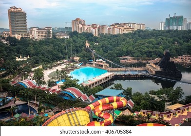 KUALA LUMPUR, MALAYSIA - FEBRUARY 23, 2013 : View Of Sunway Lagoon Theme Park With Sunway Resort Hotel And Sunway Pyramid Mall, Built And Owned By The Sunway Group.
