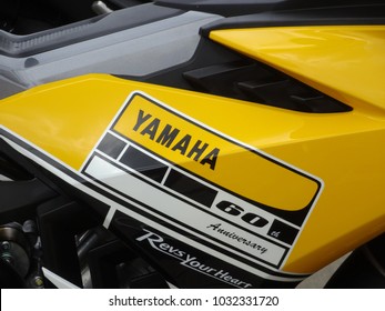 KUALA LUMPUR, MALAYSIA -FEBRUARY 25, 2018: YAMAHA motorcycle brand logos at the motorcycle body. YAMAHA is one of the famous motorcycle manufactures in the world.  