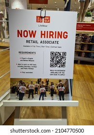 KUALA LUMPUR, MALAYSIA - JAN.  10, 2021: Interior Of Uniqlo Store With Store Employment Staff Retail Associate Board Notice In Mid Valley Shopping Mall. Uniqlo Is Japan Leading Clothing Retail Chain.