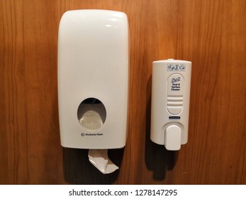 Kuala Lumpur, Malaysia - January 2019 :Toilet Paper Dispenser and Soap Dispenser From Kimberly Clark Brand.Kimberly-Clark Corporation Is An American Multinational Personal Care Corporation. 