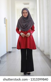 Kuala Lumpur, Malaysia - January 2019 : Hijab Women In Red Top. Beautiful Asian Lady. Modest Fashion Look.