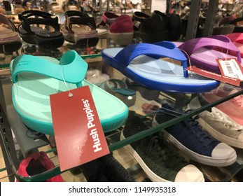 Kuala Lumpur, Malaysia- July 10, 2018: Sandals Of Hush Puppies At Store, Sells Variety Of Shoes And Handbags.