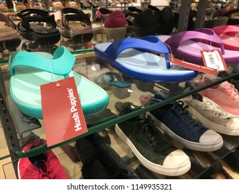 Kuala Lumpur, Malaysia- July 10, 2018: Sandals Of Hush Puppies At Store, Sells Variety Of Shoes And Handbags.