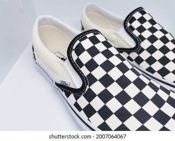 KUALA LUMPUR, MALAYSIA - JULY 13 2021: A Pair Of Vans Checkerboard Shoes Style In With Clean Background