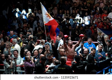 KUALA LUMPUR, MALAYSIA - JULY 15, 2018 : Philippines' Manny Pacquiao Celebrates After Defeating Lucas Matthysse During Their World Welterweight Boxing Championship At Axita Arena.