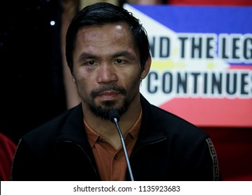 KUALA LUMPUR, MALAYSIA - JULY 15, 2018 : Philippines' Manny Pacquiao Speaks During Press Conference After Defeating Lucas Matthysse During World Welterweight Boxing Championship At Axiata Arena.