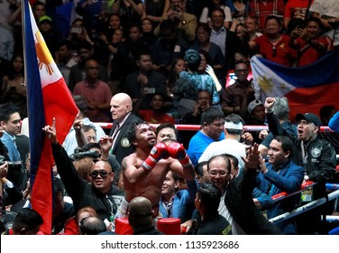 KUALA LUMPUR, MALAYSIA - JULY 15, 2018 : Philippines' Manny Pacquiao Celebrates After Defeating Lucas Matthysse During Their World Welterweight Boxing Championship At Axita Arena.