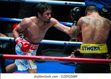 KUALA LUMPUR, MALAYSIA - JULY 15, 2018 : Philippines' Manny Pacquiao (L) Fights Argentina's Lucas Matthysse During Their World Welterweight Boxing Championship At Axiata Arena In Kuala Lumpur.